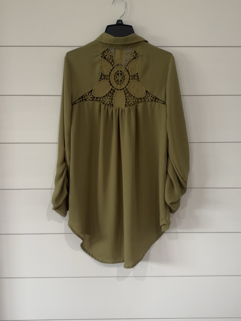 Taylor & Sage Olive Crochet-Back Women's Blouse